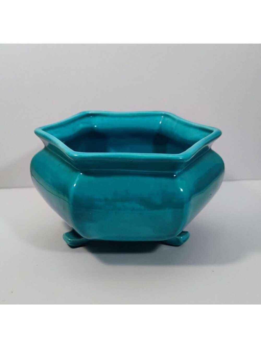 Hexagon Shaped Footed Pottery Bonsai Bowl Low Bulb Planter Blue Teal Turquoise